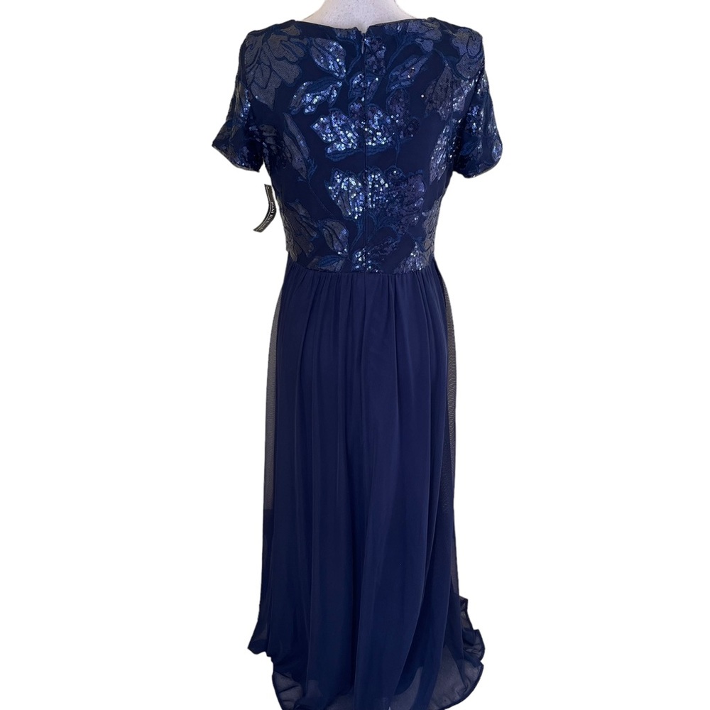 R&M Richards Navy Blue Sequined Bodice Short Sleeve Mesh Skirt Formal Dress - Picture 8 of 13